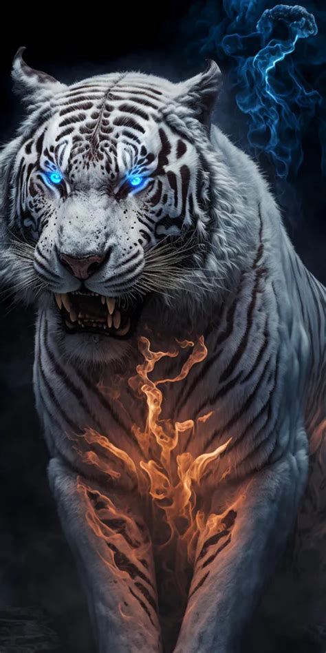 White tiger, Fire, Blue eyes, Graphics, Smoke (1080x2340) - Desktop & Mobile Wallpaper