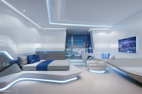 Futuristic hotel room with night city view and smart control ...