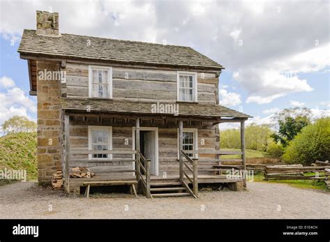 Old fashioned wooden American farm house in the Ulster American Folk Park, Northern Ireland ...