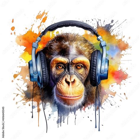 watercolor monkey wearing headphones . Generative AI Stock Illustration ...