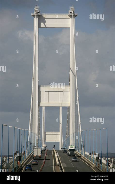 View of the Severn Bridge road crossing over the River Severn Estuary looking north west toward ...