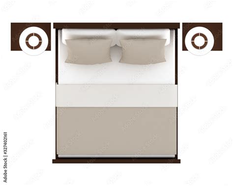 Bed with side tables floor plan design element top view. Tan beige pillows bedding. Furniture 3D ...