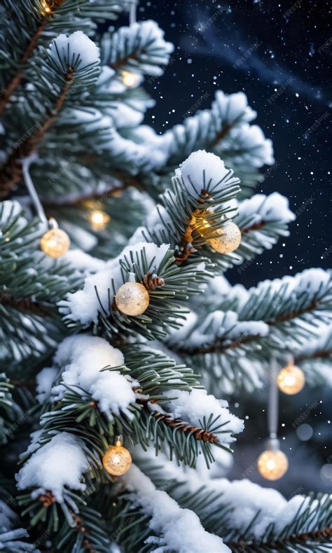 Premium AI Image | Snowflakes And Twinkling Lights Adorning A Snowy Pine Tree Captured Under The ...