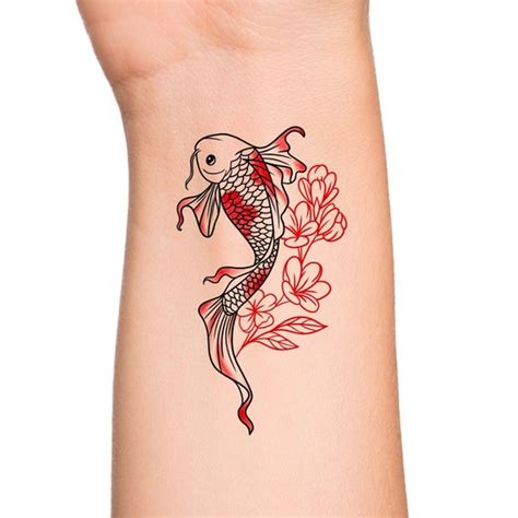 Floral Red Koi Fish Temporary Tattoo / Watercolor Japanese Koi - Etsy