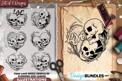 True Love Skull Couple In Flower And Leaves Illustrations