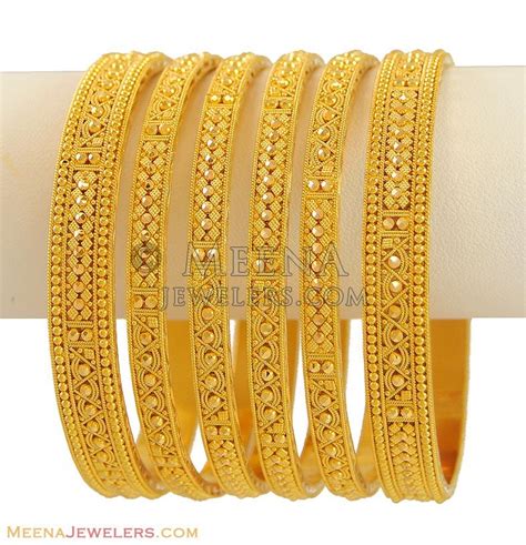 22Kt Indian Bangles (Set of 6) - BaSt9475 - 22Kt Gold Bangles (set of 6) with handcrafted ...