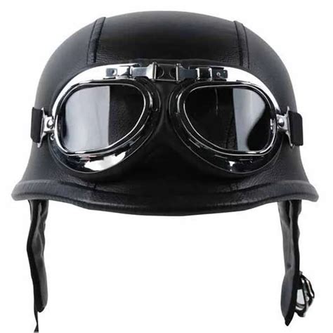 WWII German Style Vintage Motorcycle Helmet with Goggles Black Leather Sponge Half Helmet ...