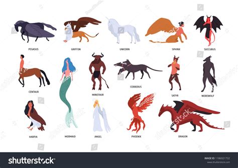 Collection of various magical mythical creatures isolated on white background. Bundle of ...