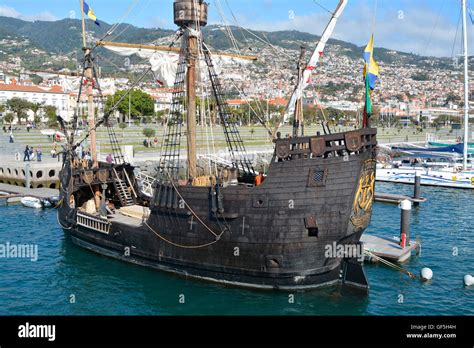 Replica of the Santa Maria sailing ship in the harbour at Funchal, Madeira, Portugal Stock Photo ...