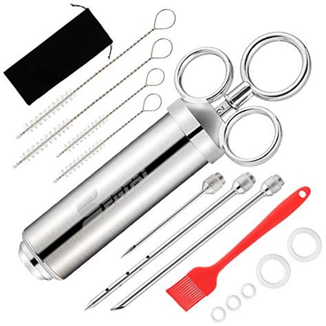 Meat Injector Syringe Food Grade 304 Stainless Steel 2-oz Large Capacity with 3 Marinade Needles ...