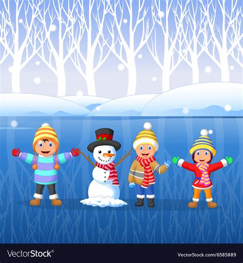 Cartoon kids playing on snow in winter time Vector Image