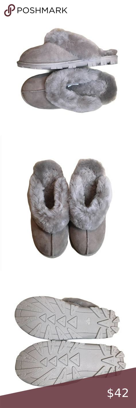 Kirkland Fuzzy Suede Wool Shearling Mules Slippers Stone Gray Slip On size 9