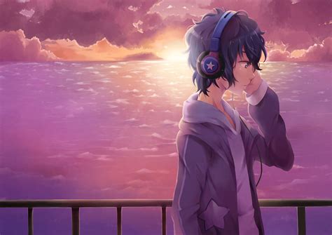 Anime wallpaper, Original, Boy, Headphones, Original (Anime), sky ...