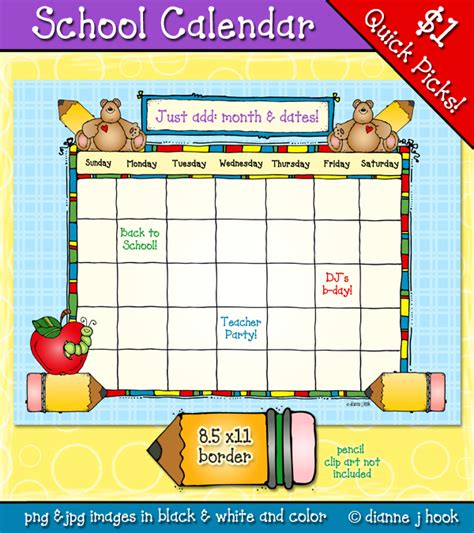 Printable school clip art calendar by DJ Inkers