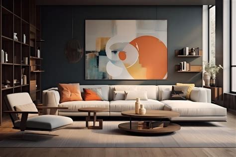 Premium AI Image | Interior of modern living room with grey walls wooden floor gray sofa with ...