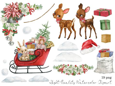 Christmas Sleigh Clipart.reindeer Clipartwatercolor Santa - Etsy