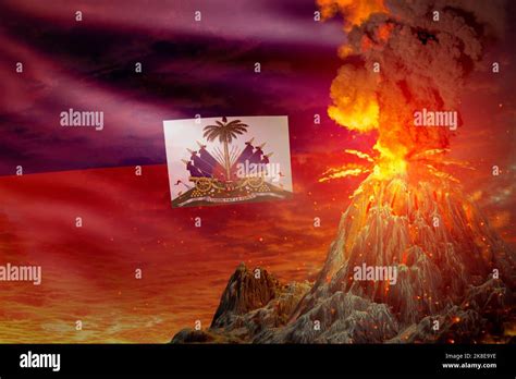 conical volcano eruption at night with explosion on Haiti flag background, problems of natural ...