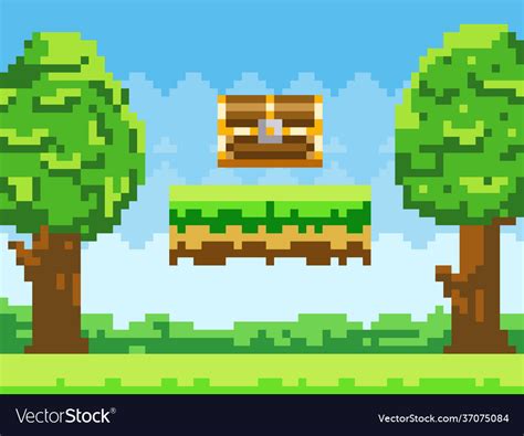 Pixel-game background with chest in sky pixel art Vector Image