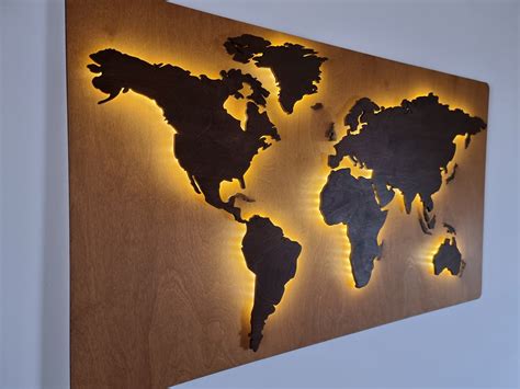 Wood World Map wall art Flat earth LED world map as wall | Etsy