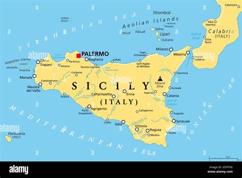 Sicily, autonomous region of Italy, political map, with capital Palermo, Aeolian and Aegadian ...