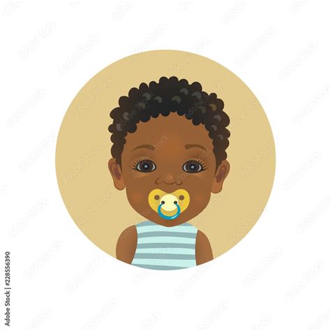 Cute Afro American baby with a soother emoticon. African child with a pacifier emoji. Dark ...