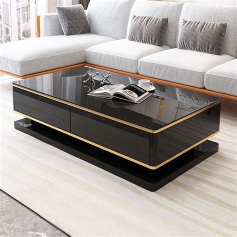 51" Black Rectangular Coffee Table with Storage 4 Drawers Tempered Glass Top in 2022 | Sofa ...