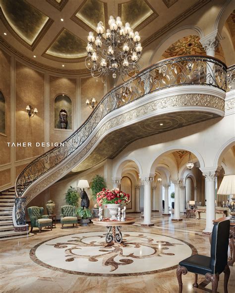 Grand foyer design for luxury mansion located in (Dubai, UAE). ©2017 interior design by Taher ...