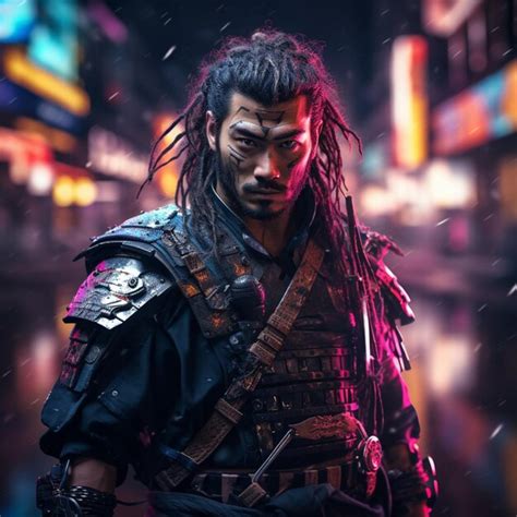 Premium AI Image | shot of samurai Cyberpunk samurai surrounded by city neon lighting