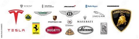 Sportcar brand logo. Luxury car illustration. Popular car logo set: lamborghini, tesla, bugatti ...