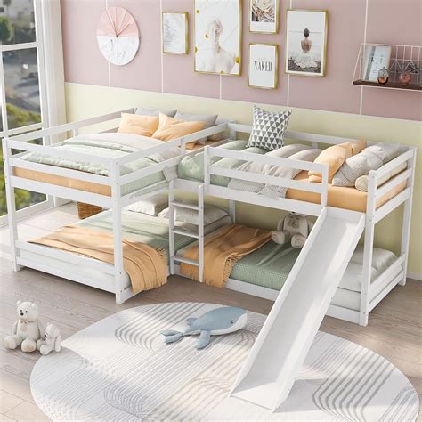 Buy L-Shape Bunk Bed for 4, Quad Bunk Beds with Slide, Full Over Full Bunk Bed & Twin Over Twin ...