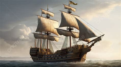 Pirate Ship With Many Sails Is Sailing In The Ocean Background, Ship Picture Free Background ...