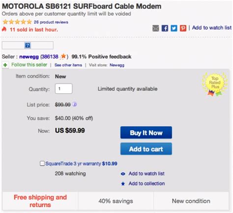 Motorola SB6121 SURFboard DOCSIS 3.0 cable modem $60 shipped (orig. $100)