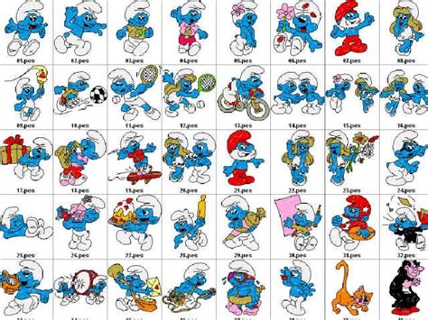 an image of the smurfs characters in different colors and sizes on a white background