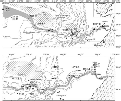 Schematic map of the Nazaré Canyon area with position of stations.... | Download Scientific Diagram