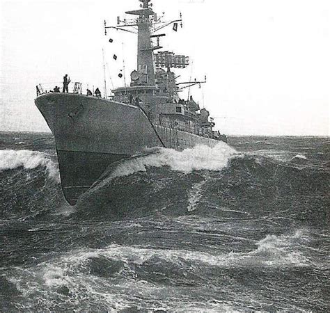 Leander class frigate HMS Apollo approaches for a Replenishment At Sea in heavy seas, date ...