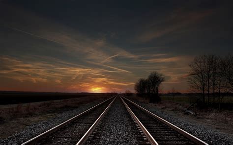 track, Field, Sunset, Evening, Trees, Railroad