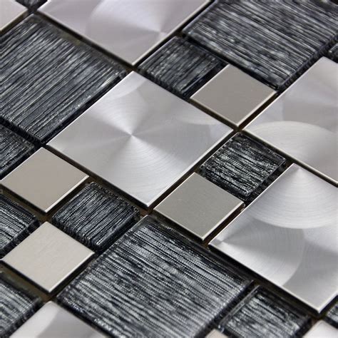 Luxury Textured Grey Glass & Brushed Steel Mix Mosaic Wall Tiles Sheet 8mm