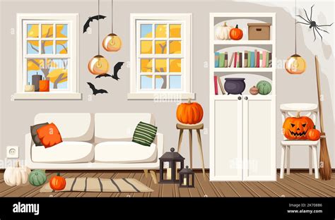 Living room decorated for Halloween. Modern Halloween interior. Vector cartoon illustration ...