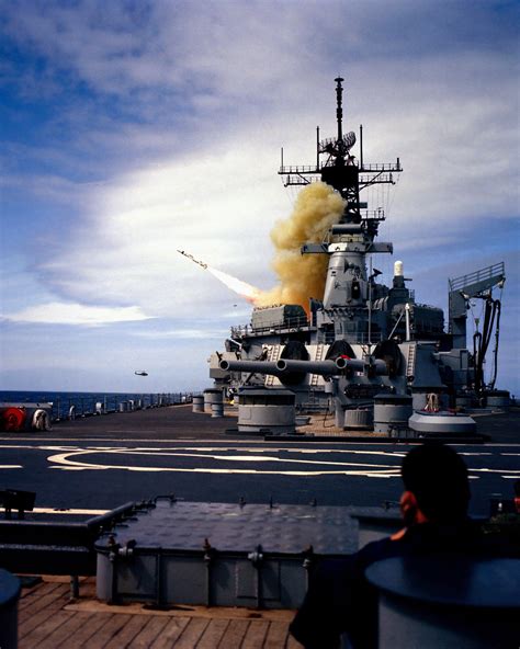 A Harpoon missile is launched from the battleship USS NEW JERSEY (BB 62) during tests on the ...