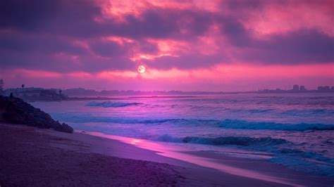 Aerial View Of Ocean Waves Under Purple White Clouds Sky Beach Sand ...