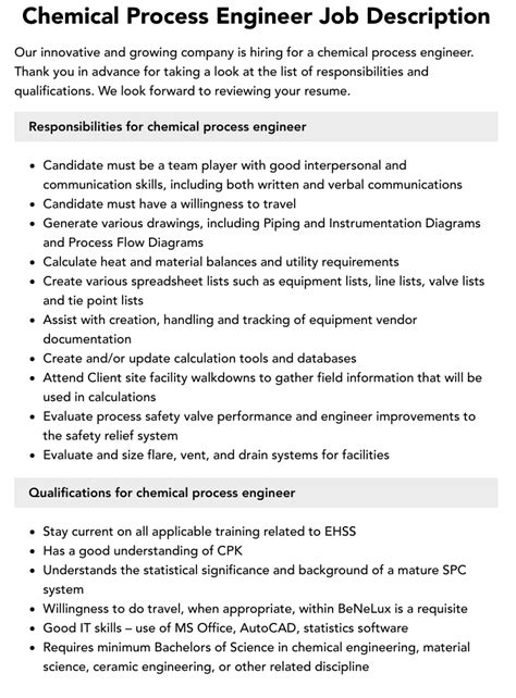 Chemical Process Engineer Job Description | Velvet Jobs