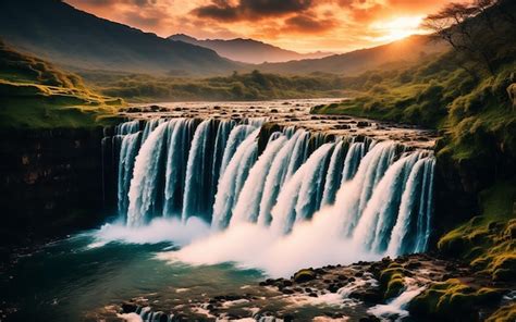 Premium AI Image | a professional picture of cinematic sunset waterfall