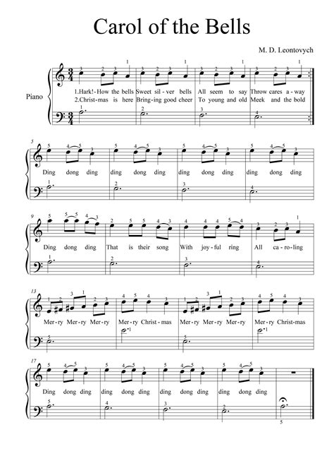 Carol of the Bells Very Easy Piano Sheets Digital Download With Lyrics and Violin Part - Etsy