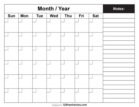 Printable Blank Monthly Calendar with Notes Free by 123freevectors on ...