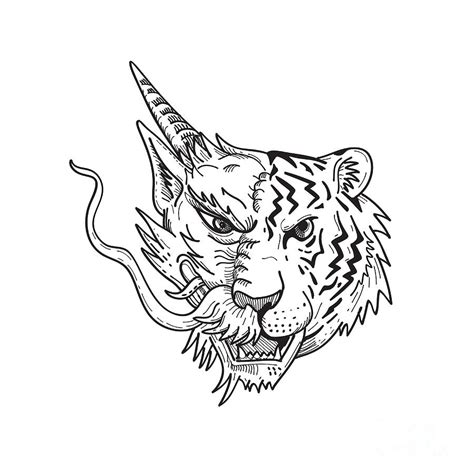 Head of a Half Chinese Dragon Half Bengal Tiger Front View Drawing ...