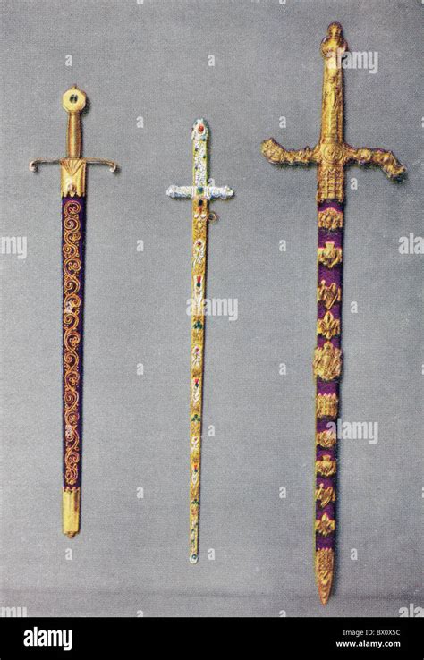 From left to right, The Sword of Mercy or Curtana, The Jewelled Sword of State, and the Sword of ...