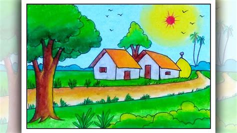 Beautiful Village Scene Drawing - How to draw village scenery, easy ...