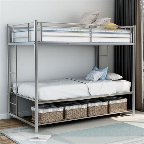 EUROCO Metal Twin Over Twin Bunk Bed Frame With Storage Shelf, Silver - Walmart.com - Walmart.com