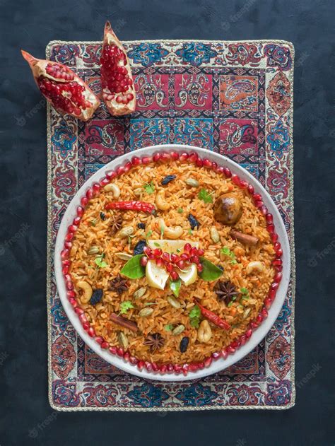 Premium Photo | Vegetable Biryani, Vegetarian dish on a black table. Top view.