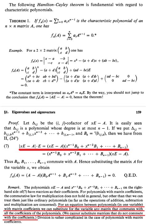 polynomials - About a proof of Cayley-Hamilton theorem in "Linear Algebra" by Ichiro Satake ...